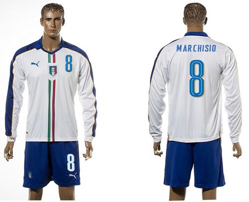 Italy #8 Marchisio White Away Long Sleeves Soccer Country Jersey - Click Image to Close